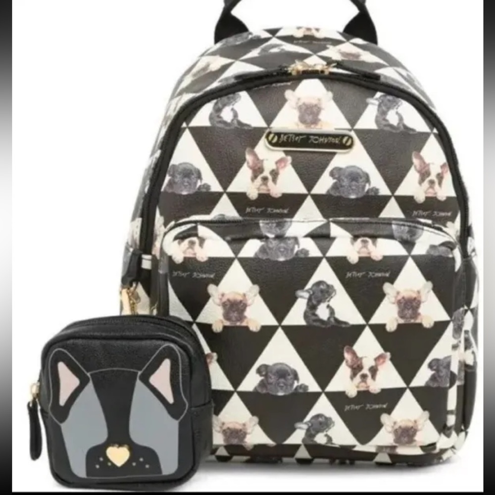 NWOT Betsey Johnson Kitsch Frenchie Dog Pattern city Backpack Puppies & Pouch